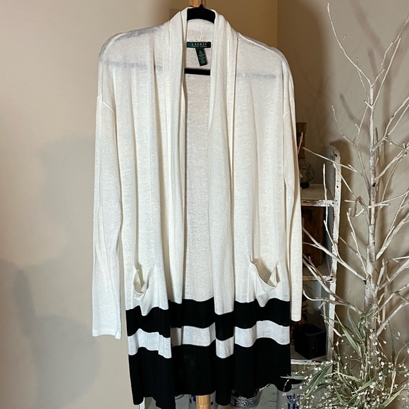 Lauren Ralph Lauren M Linen Blend Black and White Gorgeous cardigan - Picture 1 of 5